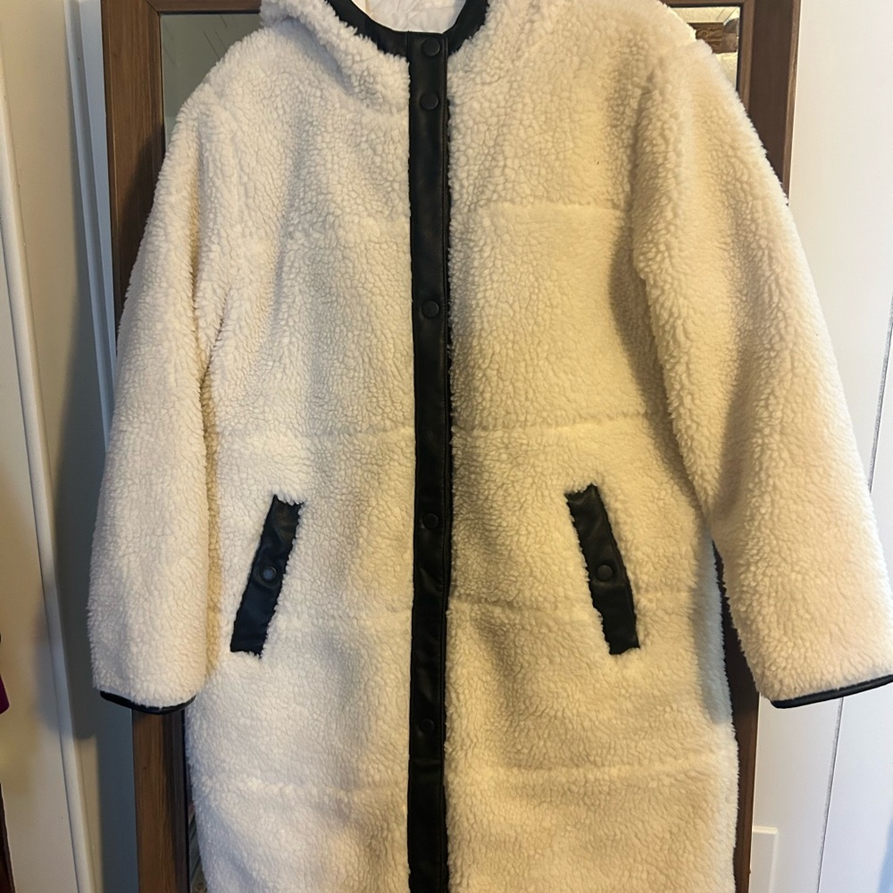 Cream Teddy Jacket with Black Trim and Plush Texture
